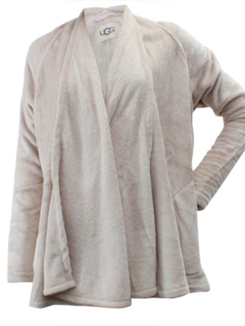 UGG Women's Isla Draped Fleece Cardigan Sweater S Tan Plush Open Jacket Lounge